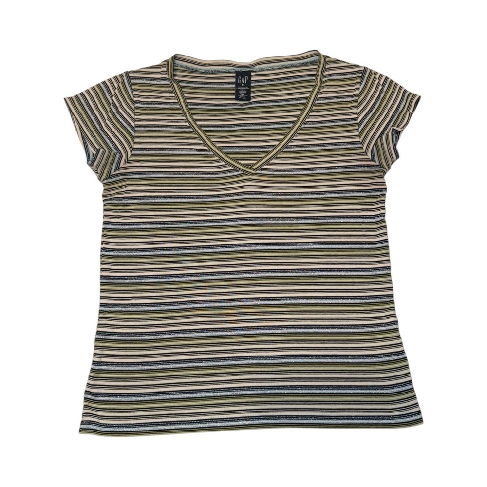VTG Gap Womens V-Neck Striped Short Sleeve Top Green Blue Metallic Knit Size M